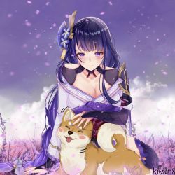 Rule 34 | 1girl, absurdres, animal, armor, artist name, blush, braid, breasts, bridal gauntlets, cleavage, closed mouth, commentary, dog, english commentary, flower, genshin impact, hair ornament, highres, japanese clothes, kimono, kitsun8, large breasts, light particles, long hair, long sleeves, mole, mole under eye, nail polish, petting, purple eyes, purple flower, purple hair, purple nails, raiden shogun, ribbon, shiba inu, shoulder armor, simple background, sitting, solo