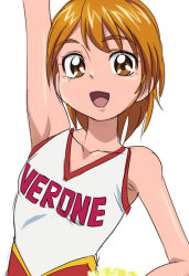 Rule 34 | 00s, 1girl, alternate costume, brown eyes, brown hair, cheerleader, clothes writing, eyelashes, futari wa precure, happy, looking at viewer, misumi nagisa, oimanji, open mouth, pom pom (cheerleading), precure, shirt, short hair, simple background, sketch, smile, solo, white background
