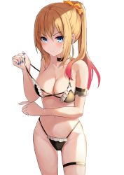 Rule 34 | 1girl, absurdres, arm strap, bad id, bad pixiv id, bare shoulders, bikini, black bikini, black choker, blonde hair, blue eyes, blue nails, blush, breasts, check copyright, choker, cleavage, closed mouth, collarbone, commentary, commission, copyright request, cowboy shot, dated commentary, female focus, frilled bikini, frills, frown, groin, hair ornament, hair scrunchie, hand up, highleg, highleg bikini, highres, large breasts, long hair, looking at viewer, multicolored hair, nail polish, nao (okt8538), navel, original, pink hair, ponytail, ribbon, scrunchie, simple background, skindentation, solo, standing, swimsuit, thigh strap, two-tone hair, white background, yellow ribbon