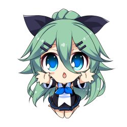 Rule 34 | 10s, 1girl, :o, bare legs, black ribbon, black skirt, blue eyes, blue neckerchief, blush, carry me, chibi, commentary, detached sleeves, green hair, hair between eyes, hair ornament, hair ribbon, hairclip, kantai collection, long hair, looking at viewer, neckerchief, open mouth, outstretched arms, peta (taleslove596), pleated skirt, reaching, reaching towards viewer, ribbon, school uniform, seiza, serafuku, sitting, skirt, solo, wariza, yamakaze (kancolle)