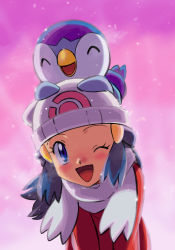 Rule 34 | 1girl, ;d, beanie, blue eyes, blue hair, blush, coat, commentary request, creatures (company), dawn (pokemon), game freak, gen 4 pokemon, hair ornament, hairclip, happy, hat, long hair, looking up, monoshiri hakase, nintendo, official style, on head, one eye closed, open mouth, piplup, pokemon, pokemon (anime), pokemon (creature), pokemon dppt (anime), pokemon on head, red coat, scarf, smile, upper body, white headwear, white scarf