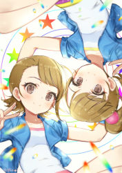Rule 34 | 2girls, asymmetrical bangs, blue jacket, blurry, blurry foreground, breasts, brown eyes, brown hair, casual, closed mouth, collarbone, diffraction spikes, futami ami, futami mami, highres, idolmaster, idolmaster (classic), jacket, looking at viewer, matching outfits, multiple girls, ponytail, short sleeves, siblings, side ponytail, sisters, sleeves rolled up, small breasts, smile, star (symbol), strapless, tansan daisuki, tube top, twins, upside-down, v