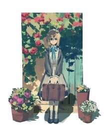 1girl alternate_costume animal_ear_headphones animal_ears apron aqua_bow aqua_bowtie bag blonde_hair blue_archive bow bowtie cat_ear_headphones door enmaided fake_animal_ears flower flower_pot green_eyes green_halo halo headphones highres holding holding_bag long_sleeves looking_at_viewer maid maid_apron maid_headdress medamayaki27760 midori_(blue_archive) plant potted_plant red_flower red_rose rose shirt short_hair solo waist_apron white_apron