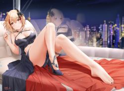 Rule 34 | 1girl, :d, absurdres, azur lane, barefoot, black dress, black nails, blonde hair, breasts, cleavage, couch, cross, dress, feet, hair ornament, high heels, highres, iron cross, legs, looking at viewer, multicolored hair, nail polish, official alternate costume, open mouth, qing wu, reclining, reflection, roon (azur lane), roon (dark red grin) (azur lane), shoes, single shoe, skyline, smile, streaked hair, thigh strap, toenail polish, toenails, window