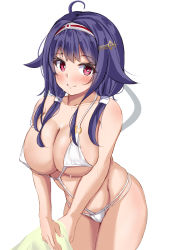 Rule 34 | 1girl, absurdres, ahoge, alternate costume, bikini, breasts, cleavage, cowboy shot, hair flaps, hair ornament, hairband, hairclip, highres, kantai collection, large breasts, looking at viewer, low twintails, purple hair, red eyes, ryuuhou (kancolle), ryuuhou kai ni (kancolle), sakura ab, simple background, smile, solo, standing, swimsuit, taigei (kancolle), twintails, white background, white bikini