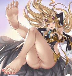 Rule 34 | 1girl, aldehyde, animal ears, anus, arm up, armpits, ass, bar censor, barefoot, blush, breasts, censored, cleavage, commentary request, detached sleeves, erune, feet, floating hair, foot focus, gradient background, granblue fantasy, hair ornament, highres, knee up, leg up, legs, leotard, licking lips, light brown hair, long hair, looking at viewer, medium breasts, metera (granblue fantasy), mole, mole under mouth, nail polish, no panties, open mouth, paid reward available, purple background, purple eyes, pussy, red nails, smile, soles, solo, sweat, toenail polish, toenails, toes, tongue, tongue out, underwear