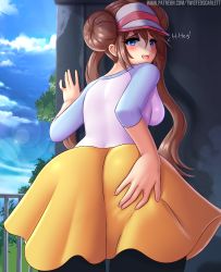 Rule 34 | 1girl, ass, backboob, bent over, black pantyhose, blue eyes, blush, bow, breasts, brown hair, creatures (company), double bun, frilled shorts, frills, from behind, game freak, glaring, hair bun, highres, large breasts, leaning forward, long hair, looking at viewer, looking back, low twintails, nintendo, open mouth, pantyhose, pantyhose under shorts, pink bow, pokemon, pokemon bw2, rosa (pokemon), shirt, shorts, solo, standing, twintails, twistedscarlett60, visor cap, yellow shorts
