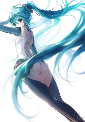Rule 34 | 1girl, aqua eyes, aqua hair, ass, bad id, bad pixiv id, from behind, hatsune miku, long hair, looking at viewer, looking back, simple background, solo, sukja, twintails, very long hair, vocaloid, white background