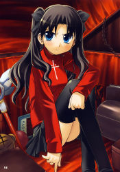Rule 34 | 1girl, bakutendou, black hair, black thighhighs, blue eyes, blush, bow, box, fate/hollow ataraxia, fate/stay night, fate (series), female focus, hair bow, hair ribbon, highres, in box, in container, kaleidostick, long hair, long legs, ribbon, sitting, skirt, solo, stuffed animal, stuffed toy, thighhighs, tohsaka rin, twintails, two side up, wand, zettai ryouiki
