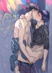 Rule 34 | 10s, 1girl, 2boys, anal, arm around neck, bad id, bad pixiv id, black shirt, blue hair, blush, boxers, closed eyes, clothes pull, cum, cum on body, cum on male, days (manga), denim, french kiss, full-face blush, highres, indou kaoru, jeans, jewelry, kimidake, kiss, long hair, long sleeves, male focus, male penetrated, male underwear, mizuki hisahito, multiple boys, necklace, pants, pants around one leg, pants pull, parted lips, public indecency, sex, shirt, short hair, spiked hair, sweat, toned, toned male, underwear, wall, weapon, yaoi