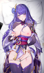Rule 34 | 1girl, absurdres, breasts, breasts out, condom, genshin impact, highres, houkisei, large breasts, long image, nipples, purple hair, pussy, raiden shogun, solo, tall image, used condom