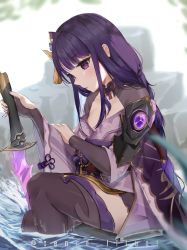 Rule 34 | 1girl, bad id, bad twitter id, blurry, blurry background, blush, braid, capelet, closed mouth, commentary, english commentary, from side, genshin impact, hair ornament, highres, holding, holding sword, holding weapon, japanese clothes, kimono, long hair, nail polish, purple eyes, purple hair, purple nails, raiden shogun, ribbon, sash, senro, sitting, solo, sword, symbol-only commentary, tassel, thighhighs, twitter username, water, weapon