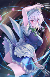 Rule 34 | 1girl, apron, arm up, between fingers, black thighhighs, blue dress, braid, breasts, commentary request, cowboy shot, dress, frilled apron, frilled skirt, frills, green ribbon, highres, holding, holding knife, izayoi sakuya, knife, knives between fingers, large breasts, long hair, looking at viewer, maid headdress, neck ribbon, parted lips, red eyes, ribbon, rouge (my rouge), shirt, short sleeves, skirt, solo, thighhighs, thighs, touhou, twin braids, twitter username, waist apron, white hair, white shirt