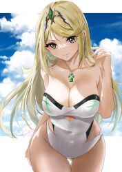 Rule 34 | 1girl, bare arms, bare shoulders, blonde hair, blush, breasts, choker, cleavage, closed mouth, collarbone, gem, groin, head tilt, headpiece, highres, jewelry, large breasts, long hair, looking at viewer, mythra (radiant beach) (xenoblade), mythra (xenoblade), nayuta-kanata, one-piece swimsuit, smile, solo, strapless, strapless one-piece swimsuit, swept bangs, swimsuit, tiara, very long hair, white choker, white one-piece swimsuit, xenoblade chronicles (series), xenoblade chronicles 2, yellow eyes