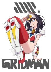 Rule 34 | 10s, 1girl, absurdres, copyright name, cosplay, gridman, gridman (cosplay), gridman universe, helmet, highres, leotard, simple background, solo, ssss.gridman, takarada rikka, thighhighs, white background