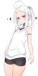 Rule 34 | 1girl, ahoge, bare arms, bare shoulders, black shorts, closed mouth, highres, looking at viewer, medium hair, original, otokuyou, ponytail, purple eyes, shorts, simple background, sleeveless, sleeveless sweater, solo, standing, sweater, turtleneck, turtleneck sweater, white background, white hair, white sweater