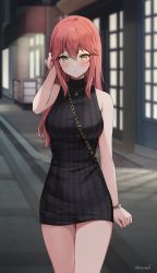 Rule 34 | 1girl, bare arms, bare shoulders, black dress, blurry, blurry background, chain, closed mouth, commentary, cowboy shot, depth of field, dress, hand up, highres, jewelry, kaetzchen, liliya (kaetzchen), long hair, looking at viewer, necklace, original, outdoors, red hair, ribbed dress, short dress, sleeveless, sleeveless dress, solo, standing, thighs, turtleneck, turtleneck dress, watch, wristwatch, yellow eyes