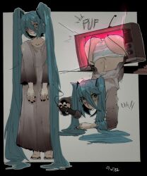 Rule 34 | 1girl, arched back, ass, black nails, blue eyes, blue hair, blue striped panties, cosplay, crawling, creepy, dress, guidelli, hair ornament, hair over one eye, hatsune miku, long hair, microphone, pale skin, panties, smile, sound effects, standing, striped clothes, striped panties, surprised, television, the ring, top-down bottom-up, twintails, underwear, very long hair, vocaloid, yamamura sadako, yamamura sadako (cosplay)