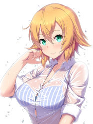 Rule 34 | 1girl, blonde hair, blue bra, blush, bra, breasts, cleavage, collarbone, commentary request, green eyes, hair between eyes, highres, kawase seiki, large breasts, looking at viewer, philia (sao), revision, shirt, short hair, smile, solo, sword art online, underwear, upper body, wet, wet clothes, white shirt