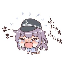 Rule 34 | 10s, 1girl, aged down, akatsuki (kancolle), alternate costume, anchor symbol, baby, black hair, closed eyes, commentary request, crying, diaper, flat cap, flying teardrops, gale kawaii, hat, kantai collection, long hair, open mouth, simple background, solo, tears, translation request, wavy mouth, white background