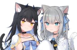 Rule 34 | 2girls, amashiro natsuki, animal ears, black hair, blue bow, blue hair, blush, bow, capelet, cat ears, cat girl, cat hair ornament, cat tail, character name, closed mouth, collarbone, commentary request, copyright request, ear piercing, green eyes, grey hair, hair bow, hair ornament, hairclip, horns, indie virtual youtuber, long hair, long sleeves, mole, mole under eye, multicolored hair, multiple girls, nachoneko, piercing, shirt, signature, simple background, sleeves past fingers, sleeves past wrists, smile, tail, two-tone hair, two side up, upper body, virtual youtuber, white background, white capelet, white shirt, yellow eyes
