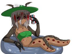 Rule 34 | absurdres, antennae, arthropod girl, breasts, claws, cpt.tester works, drink, floating, floating object, hat, highres, looking away, monster girl, no background, peaches (cpt.tester), petite, poolside, red eyes, shell, small breasts, smile, speech bubble, strapless, swimming, swimsuit, tattoo, tube top, water
