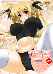 Rule 34 | 00s, 1girl, blonde hair, blush, breasts, closed eyes, covered erect nipples, fate testarossa, highres, impossible clothes, large breasts, long hair, lyrical nanoha, mahou shoujo lyrical nanoha strikers, midriff, navel, oda ken&#039;ichi, one eye closed, open mouth, pussy juice, pussy juice puddle, shiny clothes, solo, thighhighs, white thighhighs