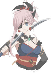 Rule 34 | 1girl, :3, asymmetrical hair, black sleeves, blue eyes, blue kimono, breasts, cleavage, closed mouth, collarbone, cropped torso, detached sleeves, earrings, eyepatch, fate/grand order, fate (series), hair between eyes, hand on own hip, holding, holding sword, holding weapon, japanese clothes, jewelry, kimono, long hair, long sleeves, looking at viewer, medium breasts, miyamoto musashi (fate), miyamoto musashi (second ascension) (fate), oshage (osyage921), over shoulder, silver hair, simple background, sleeveless, sleeveless kimono, smile, solo, swept bangs, sword, weapon, weapon over shoulder, white background