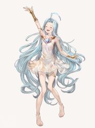 Rule 34 | 10s, 1girl, ahoge, armpits, bad id, bad pixiv id, bare shoulders, barefoot, blue eyes, blue hair, blush, commentary request, dress, closed eyes, feet, full body, granblue fantasy, highres, legs apart, long hair, lyria (granblue fantasy), miri nanase, open mouth, see-through, simple background, sleeveless, sleeveless dress, smile, solo, standing, toes, very long hair, white dress