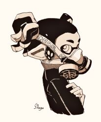 Rule 34 | 1girl, artist name, clothes writing, covered mouth, cropped torso, female focus, forehead, greyscale, highres, inkling, inkling girl, inkling player character, jacket, long sleeves, looking back, monochrome, nintendo, pointy ears, respirator, shogo (shogo70449442), short hair, sidelocks, signature, simple background, solo, splatoon (series), tentacle hair, tentacles, twintails, upper body, white background