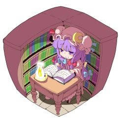 Rule 34 | 1girl, blue bow, book, bookshelf, bow, commentary, crescent, crescent hair ornament, eyebrows, from above, hair ornament, hair ribbon, hat, highres, lantern, long hair, mob cap, open book, patchouli knowledge, purple eyes, purple hair, reading, red bow, ribbon, shinapuu, smile, solo, table, touhou, tress ribbon