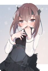 Rule 34 | 1girl, blush, brown eyes, brown hair, covering own mouth, flat chest, hair between eyes, headband, headgear, highres, kantai collection, kayuma, long sleeves, looking at viewer, rigging, short hair, simple background, solo, taihou (kancolle), upper body