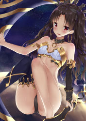 Rule 34 | 1girl, anklet, armlet, armor, asymmetrical legwear, asymmetrical sleeves, bikini armor, black hair, black panties, bra, breasts, bridal gauntlets, commentary, crown, earrings, elbow gloves, fate/grand order, fate (series), gloves, hair ribbon, highres, holding, holding weapon, hoop earrings, invisible chair, ishtar (fate), jewelry, long hair, looking at viewer, medium breasts, navel, neck ring, panties, parted lips, red eyes, ribbon, rong yi tan, single elbow glove, single thighhigh, sitting, smile, solo, thighhighs, tohsaka rin, two side up, underwear, underwear only, uneven legwear, uneven sleeves, weapon, white bra