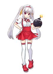 Rule 34 | 1girl, bingsang, bomb, explosive, female focus, frilled thighhighs, frills, full body, hair ribbon, kooh, maid, maid headdress, pangya, red eyes, ribbon, shoes, solo, thighhighs, transparent background, twintails, white hair, white thighhighs, wrist cuffs