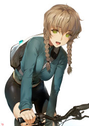Rule 34 | 1girl, :d, amane suzuha, bag, between breasts, bicycle, bike shorts, black shorts, blue jacket, blush, braid, breasts, eyebrows, green eyes, highres, jacket, leaning forward, long hair, long sleeves, looking at viewer, medium breasts, open mouth, over shoulder, riding, short hair, shorts, signature, smile, solo, steins;gate, strap between breasts, tomboy, track jacket, twin braids, yd (orange maru), zipper