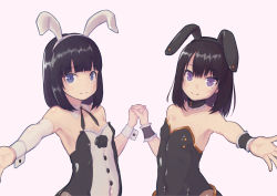 Rule 34 | 2girls, animal ears, armpit crease, bare shoulders, black hair, blunt bangs, closed mouth, fake animal ears, flat chest, highres, himenogi rinze, himeragi rinze, holding hands, leotard, looking at viewer, love r, medium hair, multiple girls, outstretched arms, playboy bunny, rabbit ears, reco love, reco love gold beach, saisho no nakama, simple background, smile, upper body