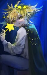 Rule 34 | 1boy, black cape, blonde hair, blue background, cape, frill inferno, halo, highres, long sleeves, looking at viewer, male focus, medium hair, pppppp, shirt, sitting, solo, sonoda lucky, star (symbol), wand, white shirt, yellow eyes