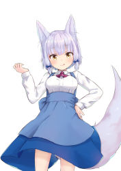 Rule 34 | 1girl, animal ears, blush, bow, breasts, closed mouth, fox ears, fox girl, fox tail, hair bow, hand on own hip, highres, kuramoto takato, lico (machikado mazoku), looking at viewer, machikado mazoku, silver hair, simple background, small breasts, smile, solo, standing, tail, tongue, tongue out, white background
