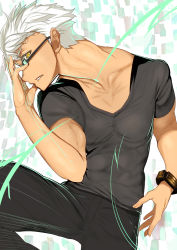 Rule 34 | 10s, 1boy, archer (fate), char, dark-skinned male, dark skin, fate/extra, fate (series), glasses, looking at viewer, male focus, short hair, solo, white hair, yellow eyes