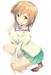 Rule 34 | 10s, 1girl, blush, bow, bowtie, brown eyes, brown hair, from side, full body, hair between eyes, hair ribbon, highres, kneehighs, long sleeves, open mouth, outstretched arm, ribbon, school uniform, serafuku, shoes, short hair, side ponytail, simple background, skirt, skull, sleeves past wrists, smile, socks, solo, soul eater not!, squatting, sweater, tareme, tatane meme, thu, white background, white socks