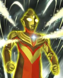 Rule 34 | 1boy, alien, aura, color timer, commentary request, glitter tiga, glowing, light particles, no humans, solo, sparkle, tokusatsu, ultra series, ultraman tiga, ultraman tiga (series), upper body, yellow eyes, yusao