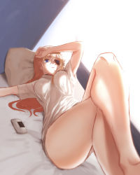 Rule 34 | 1girl, absurdres, alternate costume, arm at side, arm on own head, armpits, blue eyes, breasts, brown hair, crossed legs, evangelion: 3.0+1.0 thrice upon a time, eyepatch, hair between eyes, handheld game console, highres, long hair, lying, medium breasts, neon genesis evangelion, no pants, on back, on bed, pillow, rebuild of evangelion, saixillust, shirt, solo, souryuu asuka langley, thighs, white shirt