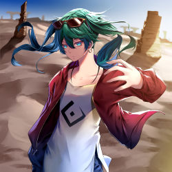 Rule 34 | 1girl, bad id, bad pixiv id, blue eyes, blue hair, blurry, blurry background, closed mouth, commentary request, day, depth of field, desert, dress, earrings, eyewear on head, floating hair, green hair, hair between eyes, hatsune miku, highres, hoop earrings, jacket, jewelry, long hair, long sleeves, looking at viewer, multicolored hair, open clothes, open jacket, outdoors, red jacket, short dress, solo, soya (torga), suna no wakusei (vocaloid), sunglasses, two-tone hair, v-shaped eyebrows, vocaloid, white dress
