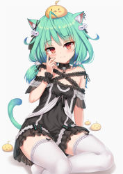 Rule 34 | 1girl, ahoge, alternate costume, animal, animal ear fluff, animal ears, animal on head, bare shoulders, bird, black dress, blush, bow, cat ears, cat girl, cat tail, chick, closed mouth, collarbone, commentary request, dress, earrings, frilled dress, frills, garter straps, green hair, hair ornament, hand up, highres, hololive, jewelry, long hair, looking at viewer, low twintails, milkshakework, on head, red eyes, short sleeves, simple background, sitting, smile, solo, striped, tail, thighhighs, twintails, uruha rushia, uruha rushia (3rd costume), virtual youtuber, white background, white thighhighs, wrist cuffs