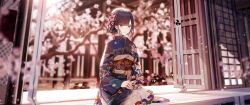 Rule 34 | 1girl, absurdres, atha (leejuiping), black hair, black kimono, blurry, blurry background, blurry foreground, branch, brown eyes, cherry blossoms, commentary request, day, depth of field, highres, holding, holding branch, japanese clothes, kimono, long sleeves, looking away, obi, original, outdoors, parted lips, sash, solo, wide sleeves