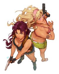 2girls back-to-back beretta_92 black_lagoon blonde_hair breasts cigarette cleavage deltamagna denim denim_shorts eda_(black_lagoon) gun hairband handgun highres holding holding_gun holding_weapon holster lips looking_over_eyewear medium_breasts multiple_girls official_alternate_costume pink-tinted_eyewear red_hair revy_(black_lagoon) rimless_eyewear shorts shoulder_holster shoulder_tattoo simple_background standing sunglasses tattoo thong tinted_eyewear tribal_tattoo weapon