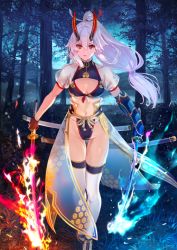 Rule 34 | 1girl, armor, bikini, black bikini, dual wielding, fate/grand order, fate (series), forest, front-tie bikini top, front-tie top, gloves, glowing, glowing weapon, hair between eyes, holding, holding sword, holding weapon, horns, japanese armor, japanese clothes, katana, kusazuri, nature, official art, oni horns, ponytail, red eyes, red horns, sash, see-through, shirabi, silver hair, swimsuit, sword, thighhighs, tomoe (symbol), tomoe gozen (fate), tomoe gozen (swimsuit saber) (fate), weapon
