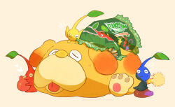 Rule 34 | absurdres, animal focus, bag, blue pikmin, blue skin, blush stickers, closed eyes, colored skin, commentary, commentary request, dog, english commentary, food, gummy bear, heart, highres, holding, holding food, leaf, lying, mixed-language commentary, nintendo, no humans, no mouth, notice lines, oatchi (pikmin), on stomach, open mouth, outstretched arms, pikmin (creature), pikmin (series), pikmin 4, pointy ears, pointy nose, red pikmin, red skin, squeans, sleeping, tongue, triangle mouth, twitter username, uroko (rwde4544), watermark, yellow background, yellow pikmin, yellow skin