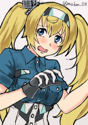 Rule 34 | 1girl, blonde hair, blue eyes, blue shirt, breast pocket, breasts, commentary request, gambier bay (kancolle), gloves, hairband, highres, kantai collection, large breasts, long hair, looking at viewer, maakun (makun dx), multicolored clothes, multicolored gloves, one-hour drawing challenge, open mouth, pocket, shirt, simple background, solo, twintails, twitter username, upper body, white background