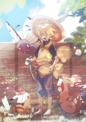 Rule 34 | 1girl, :d, barefoot, belt, blonde hair, butterfree, commentary request, creatures (company), day, game freak, gen 1 pokemon, grass, hat, holding, holding hose, hose, lens flare, marutoko45, nintendo, open mouth, outdoors, pants, pants rolled up, pikachu, pokemon, pokemon (creature), pokemon adventures, raticate, shirt, short hair, short sleeves, smile, standing, toes, tomboy, tongue, water, yellow (pokemon), yellow tunic